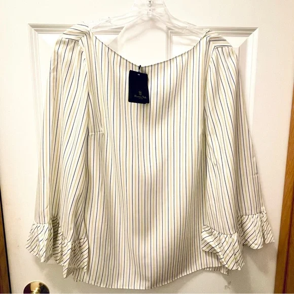Massimo Dutti Striped Blouse Ruffle Sleeves in Chartreuse White and Blue Size 6 - Picture 1 of 7